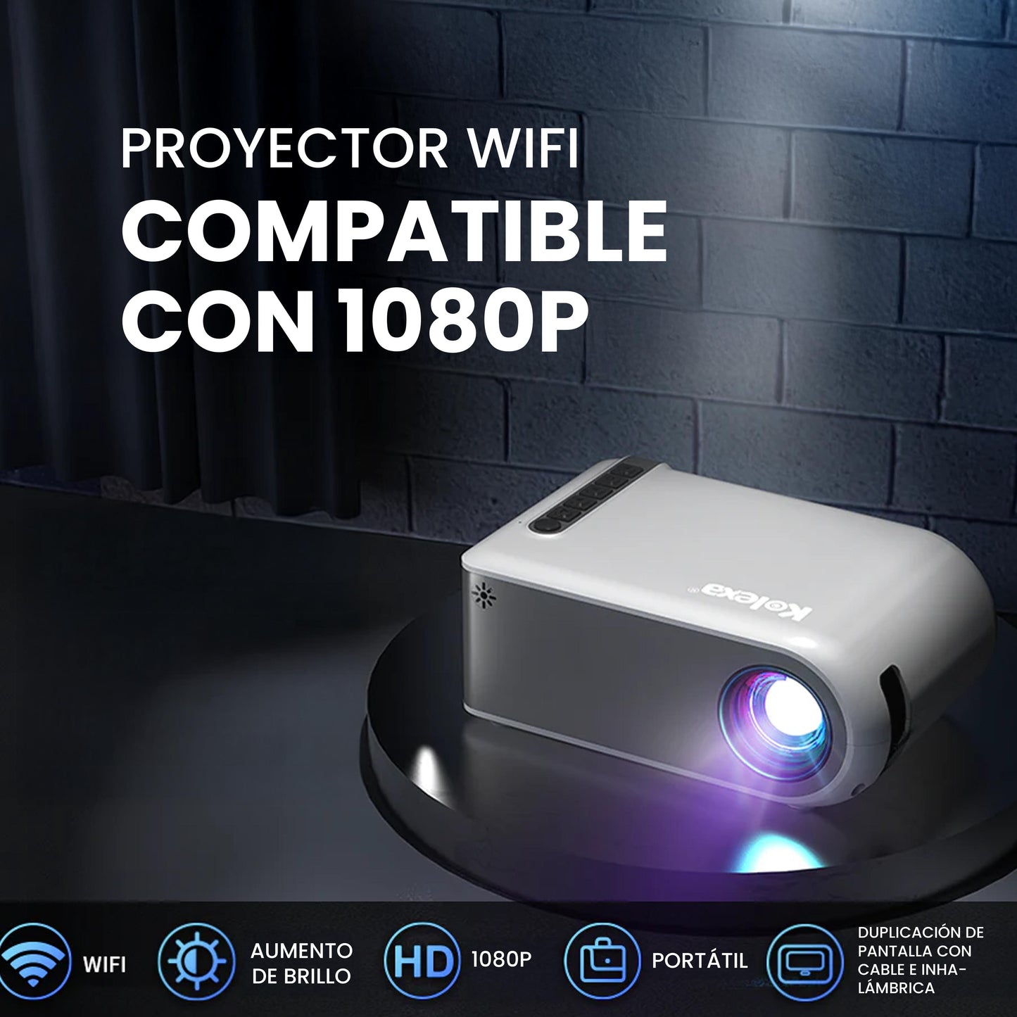 Mini Proyector WiFi Kolexa compacto mostrando imágenes Full HD 1080p con conexión inalámbrica para smartphones y laptops