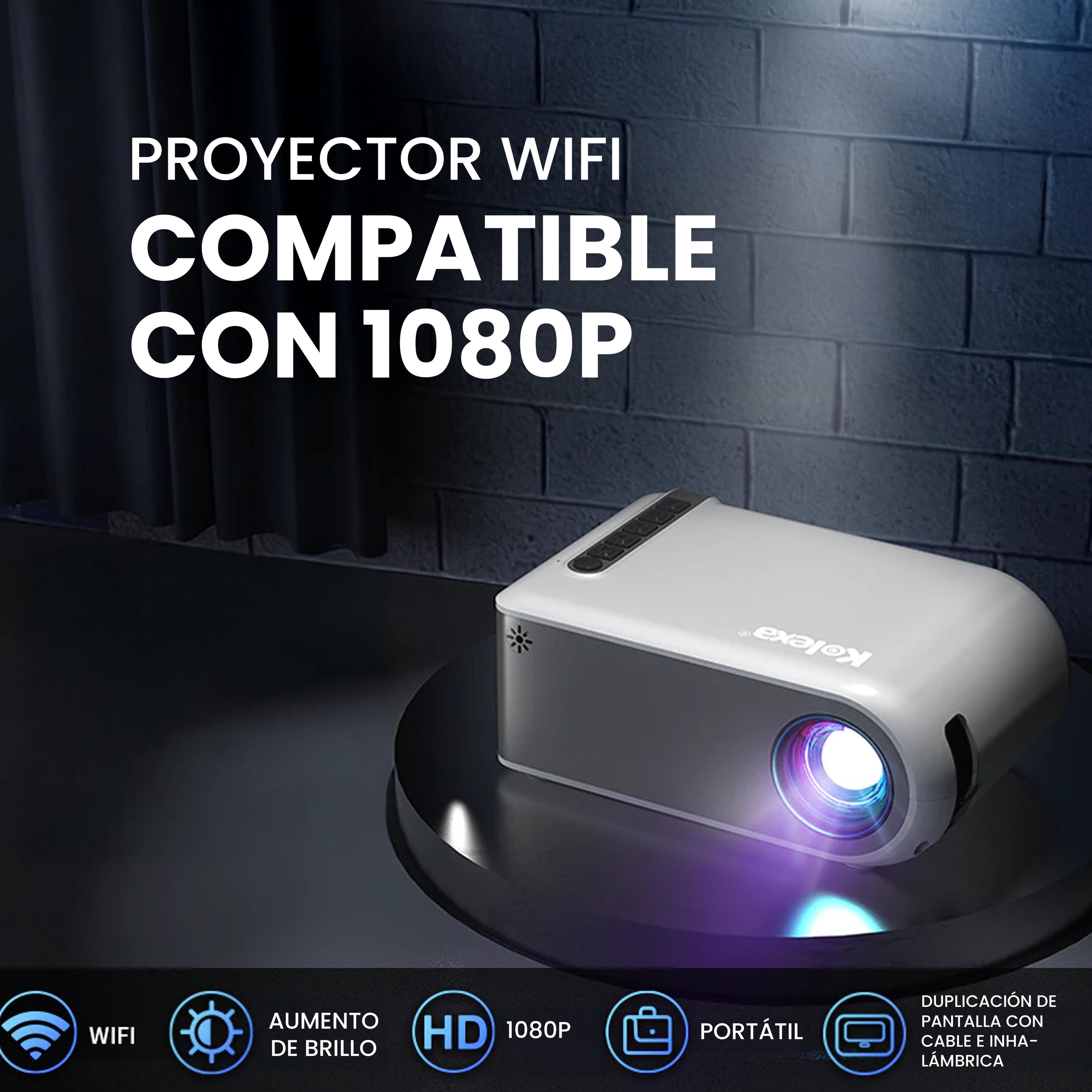 Mini Proyector WiFi Kolexa compacto mostrando imágenes Full HD 1080p con conexión inalámbrica para smartphones y laptops